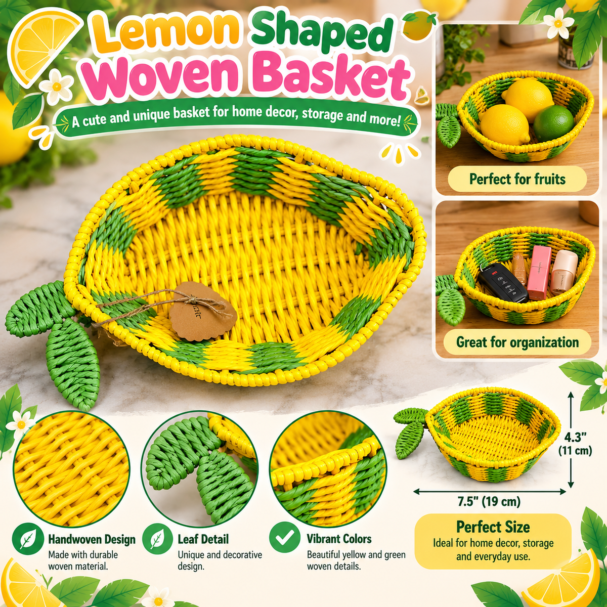 Lemon-Shaped Woven Basket – 🍋 – Summer Decor SKU: CA566