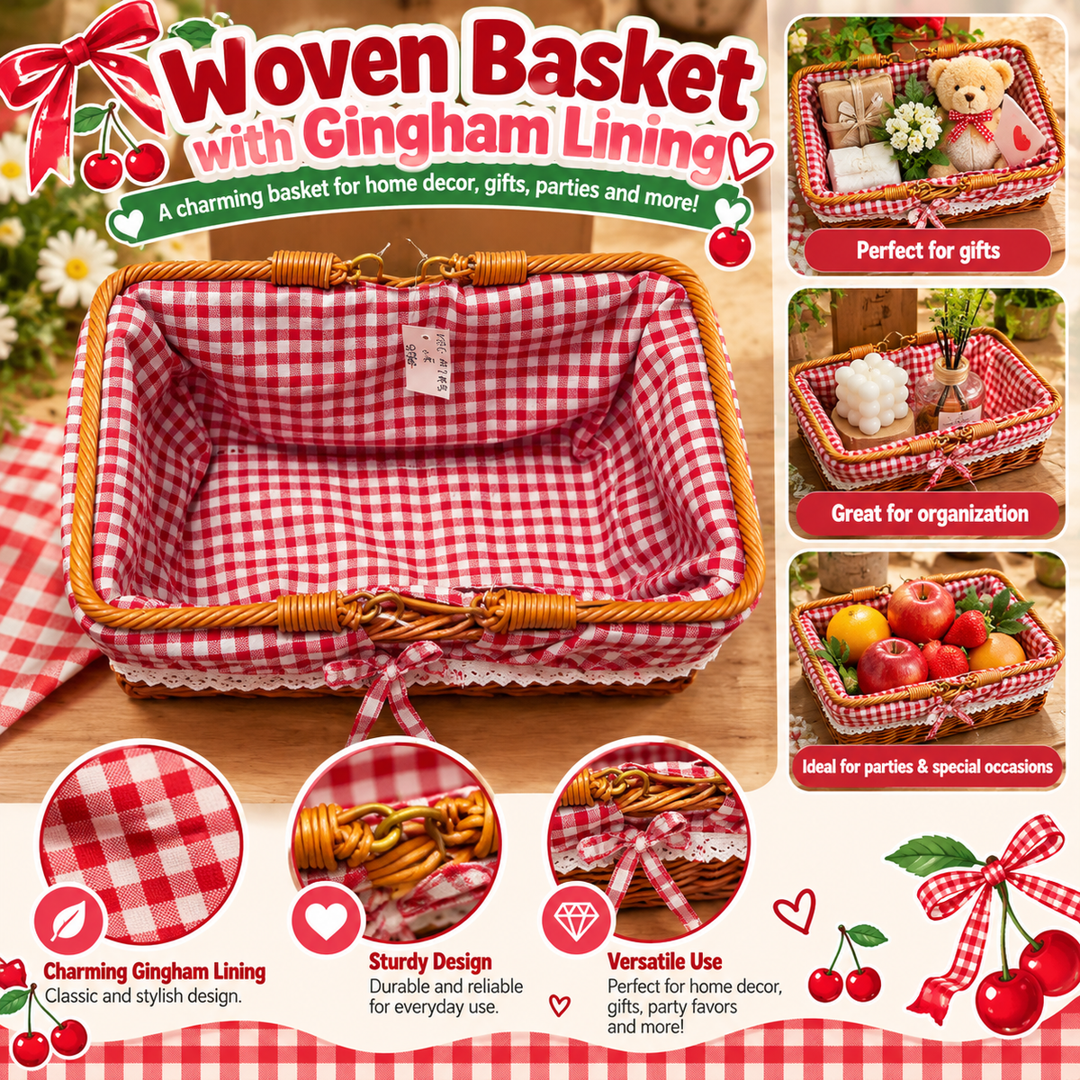 Cottage Wicker Picnic Basket with Gingham Liner SKU: CA524