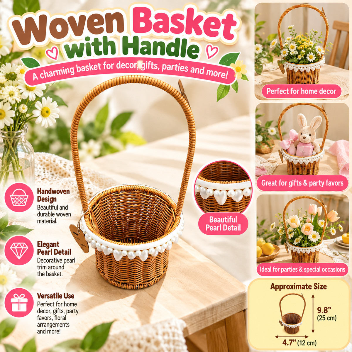 Flower Girl Rattan Basket with Tall Handle & Pom-Poms SKU: CA559