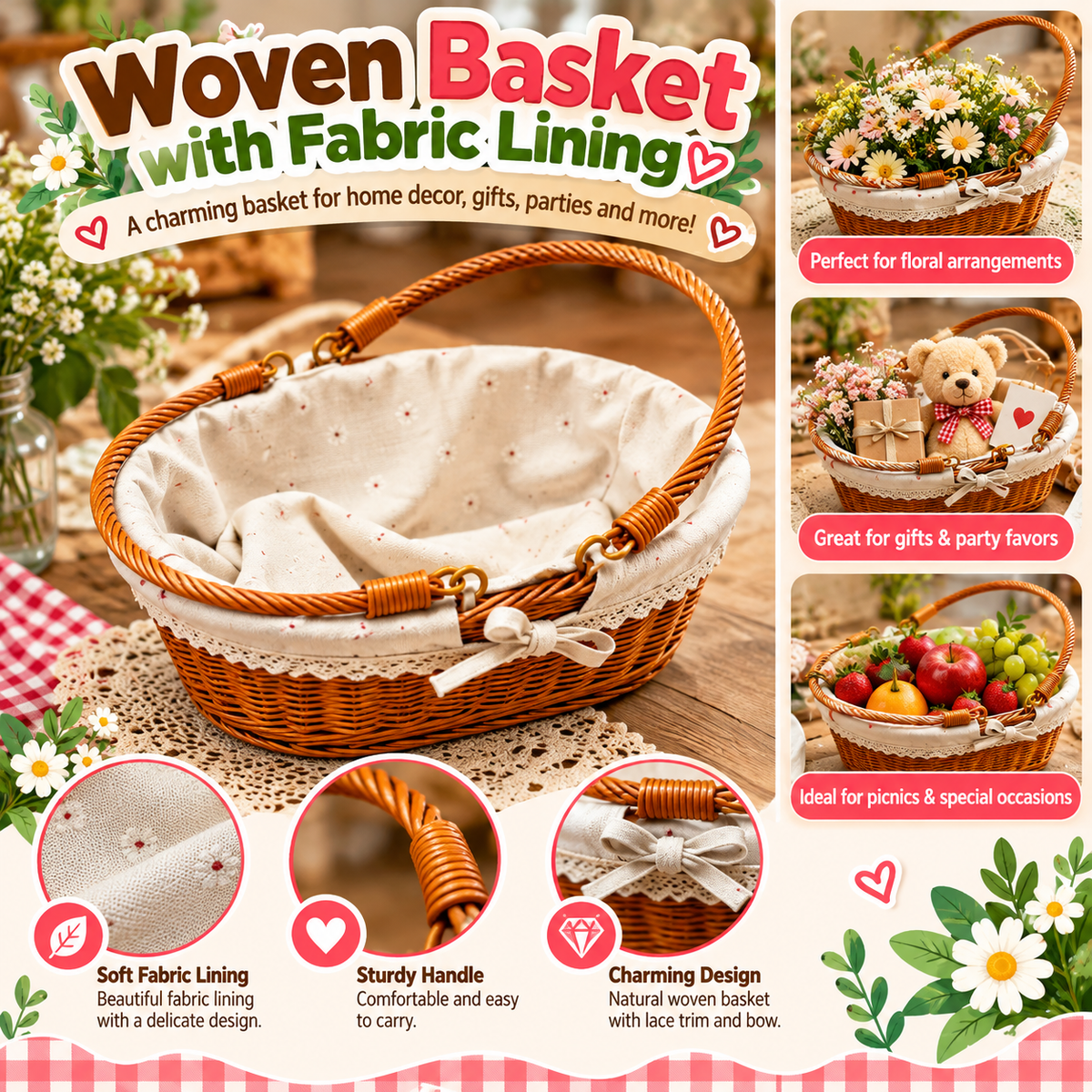 Oval Wicker Basket with Handle & White Fabric Lining SKU: CA525