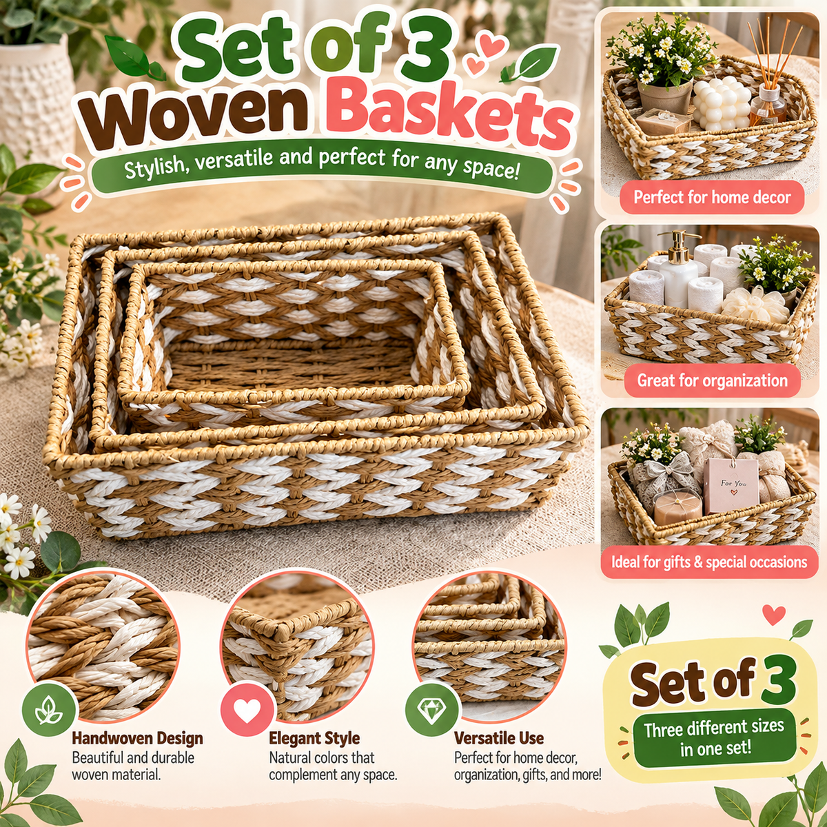 Woven Storage Basket Set (3 Pcs) – Nesting Organizers SKU: CA565