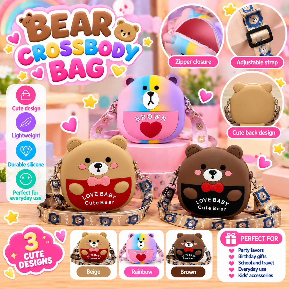 Cute Bear Silicone Crossbody Bag – Assorted Colors 🧸💖