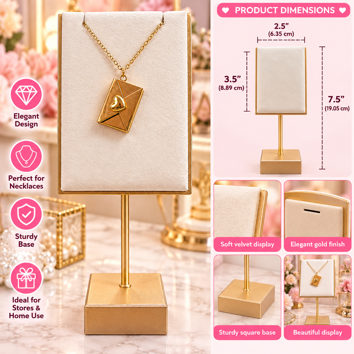 Gold Necklace Display Stand with Ivory Velvet SKU: CA1738-6