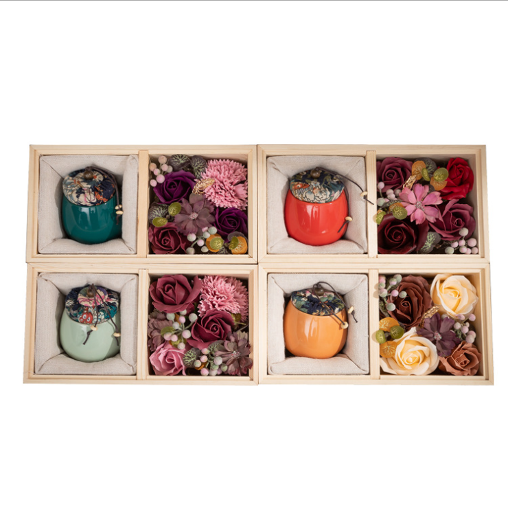 Scented Candle & Soap Flower Wooden Gift Set - CA377