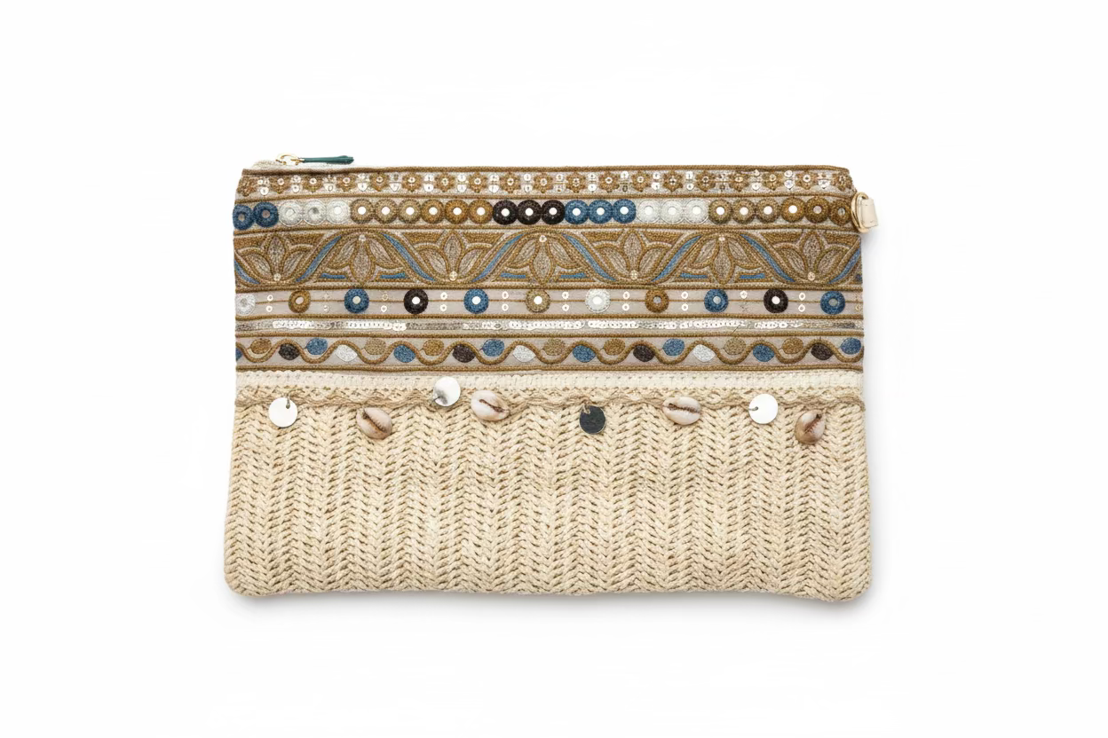 Boho Straw Clutch with Embroidery & Tassels (FIQ-181)
