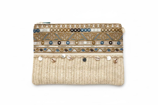 Boho Straw Clutch with Embroidery & Tassels (FIQ-181)