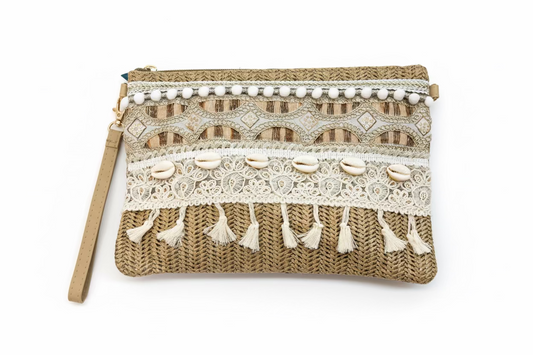 Clutch bohemio de paja con bordados y borlas – FIQ-182 