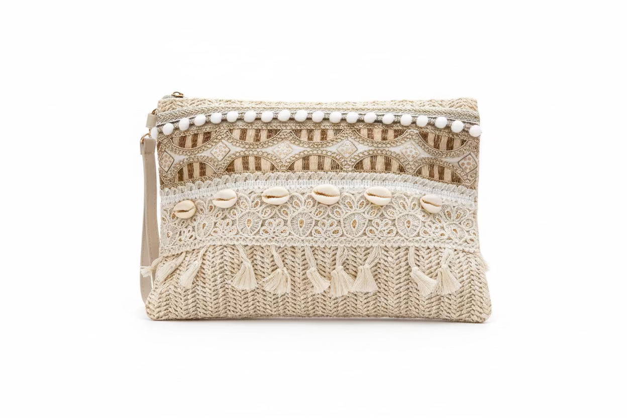 Clutch bohemio de paja con bordados y borlas – FIQ-182 