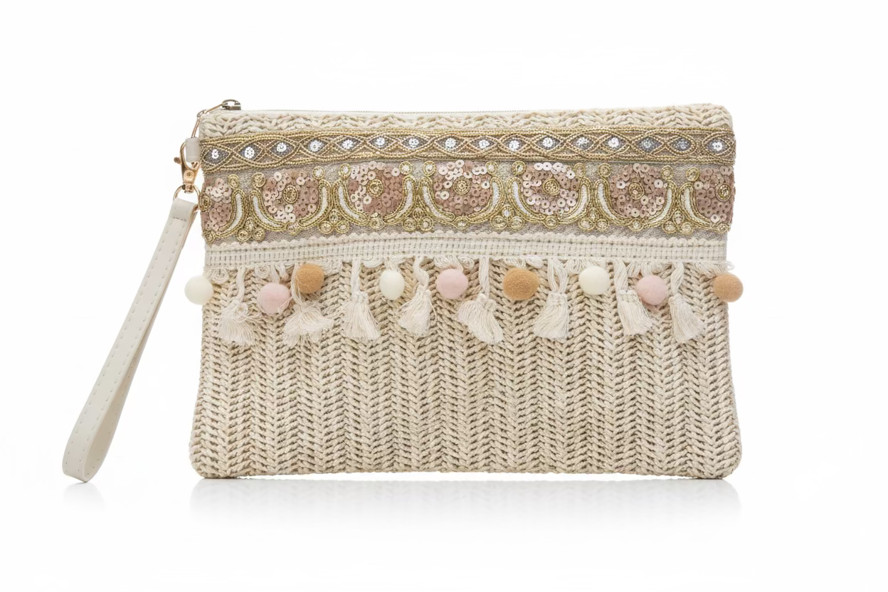 Clutch bohemio de paja con bordados y borlas - FIQ-183