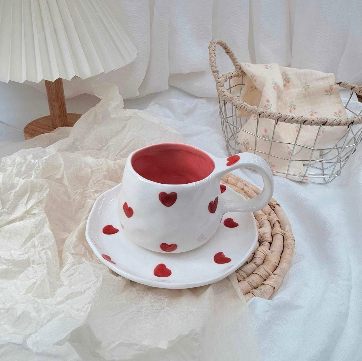 Heart Ceramic Mug with Matching Saucer – Cute Handmade Style (CA452)