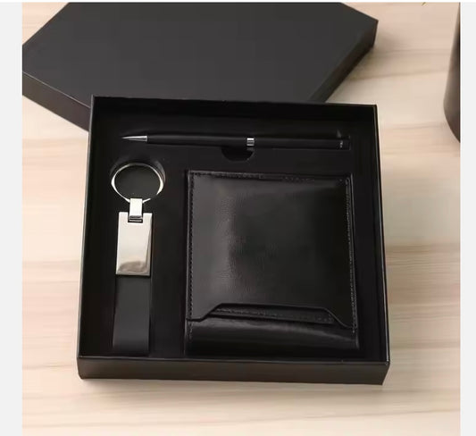 Men’s Gift Set with Black Wallet, Pen & Keychain – Customizable