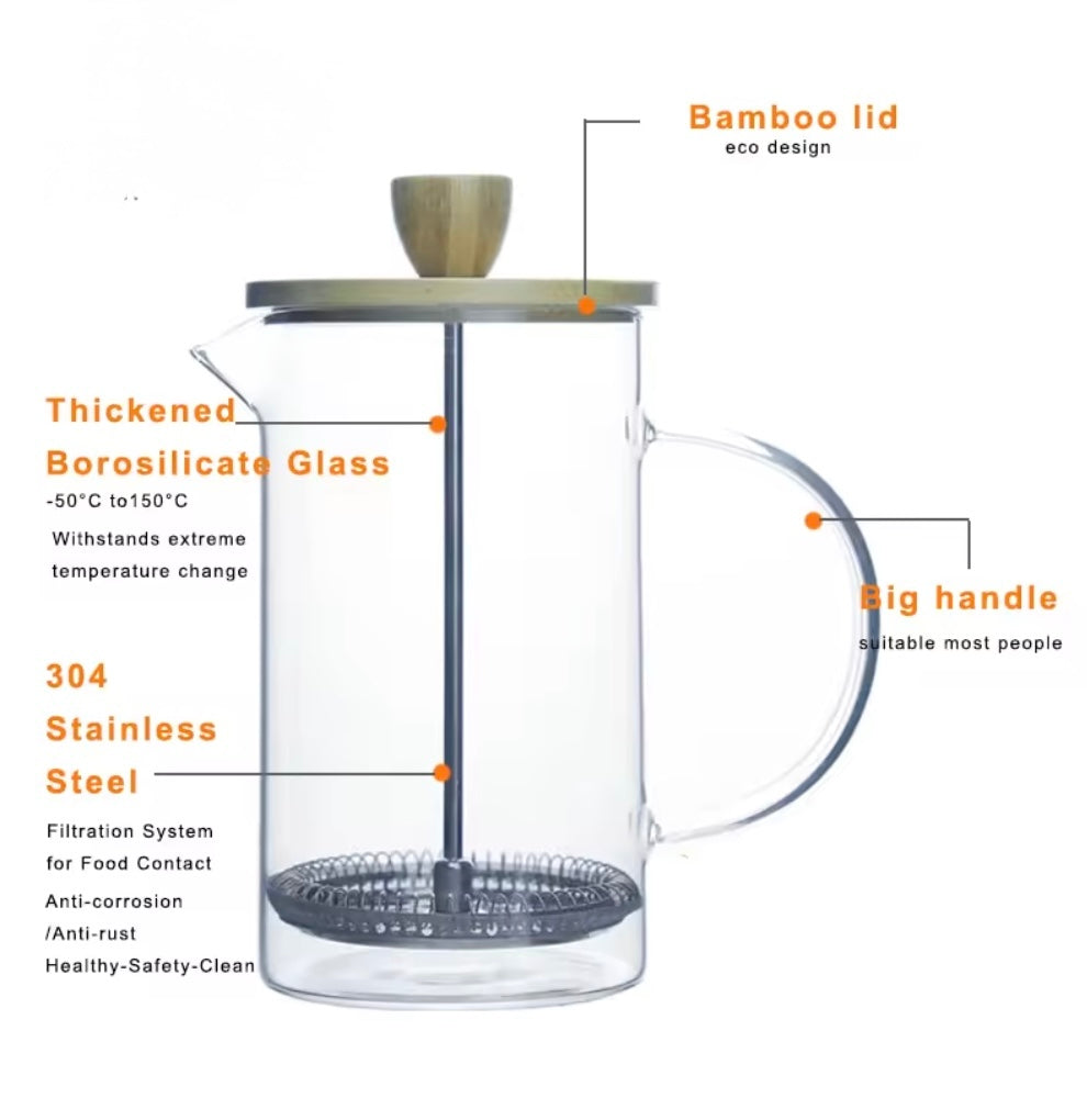 Cafetera de prensa francesa de vidrio con tapa de bambú - CA239