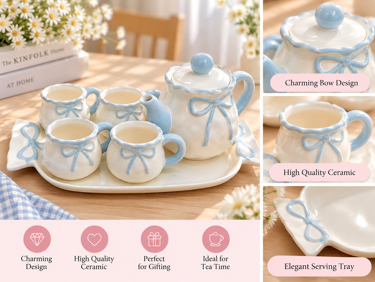 Light Blue Bow Ceramic Tea Set with Tray – 7 Pieces 🩵🎀 SKU: CA991-1