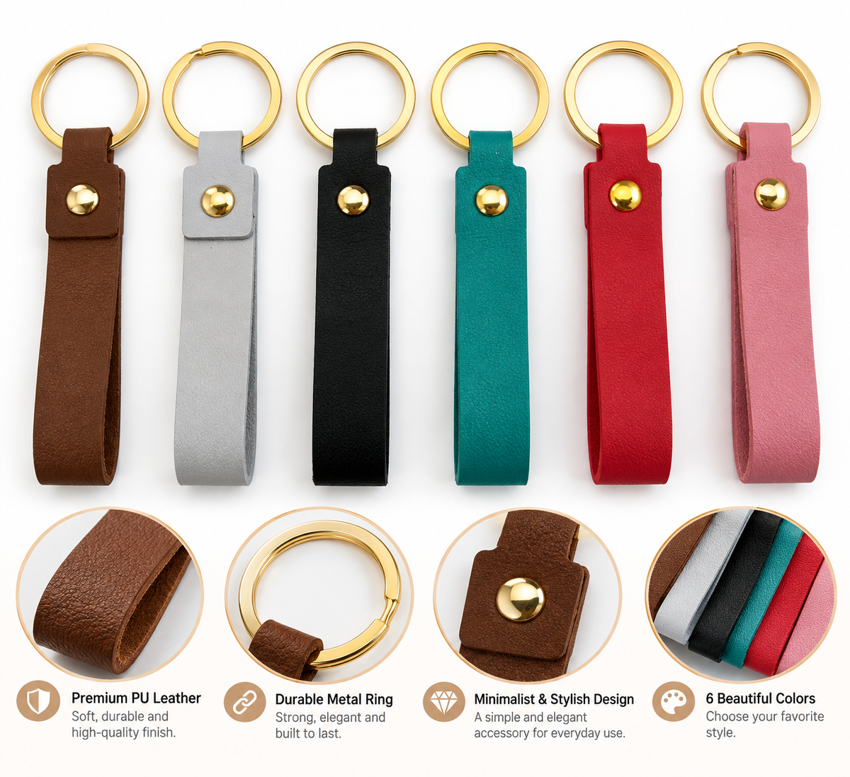 Premium PU Leather Wrist Strap Keychain – 6 Colors SKU: CA1604