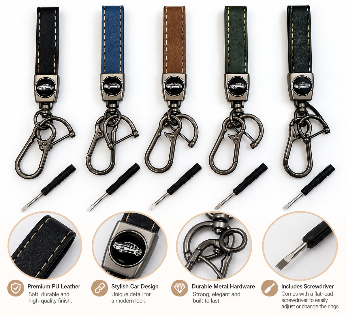 Premium PU Leather Keychain with Carabiner  – 4 Colors SKU: CA1607