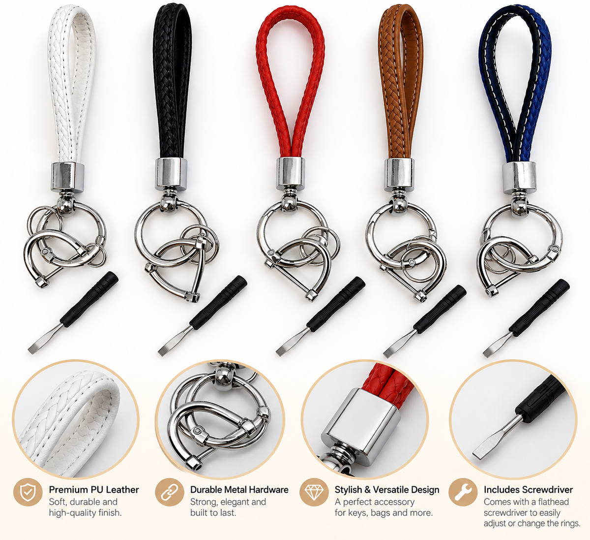 Premium Braided PU Leather Keychain with Mini Screwdriver – 5 Colors CA1606
