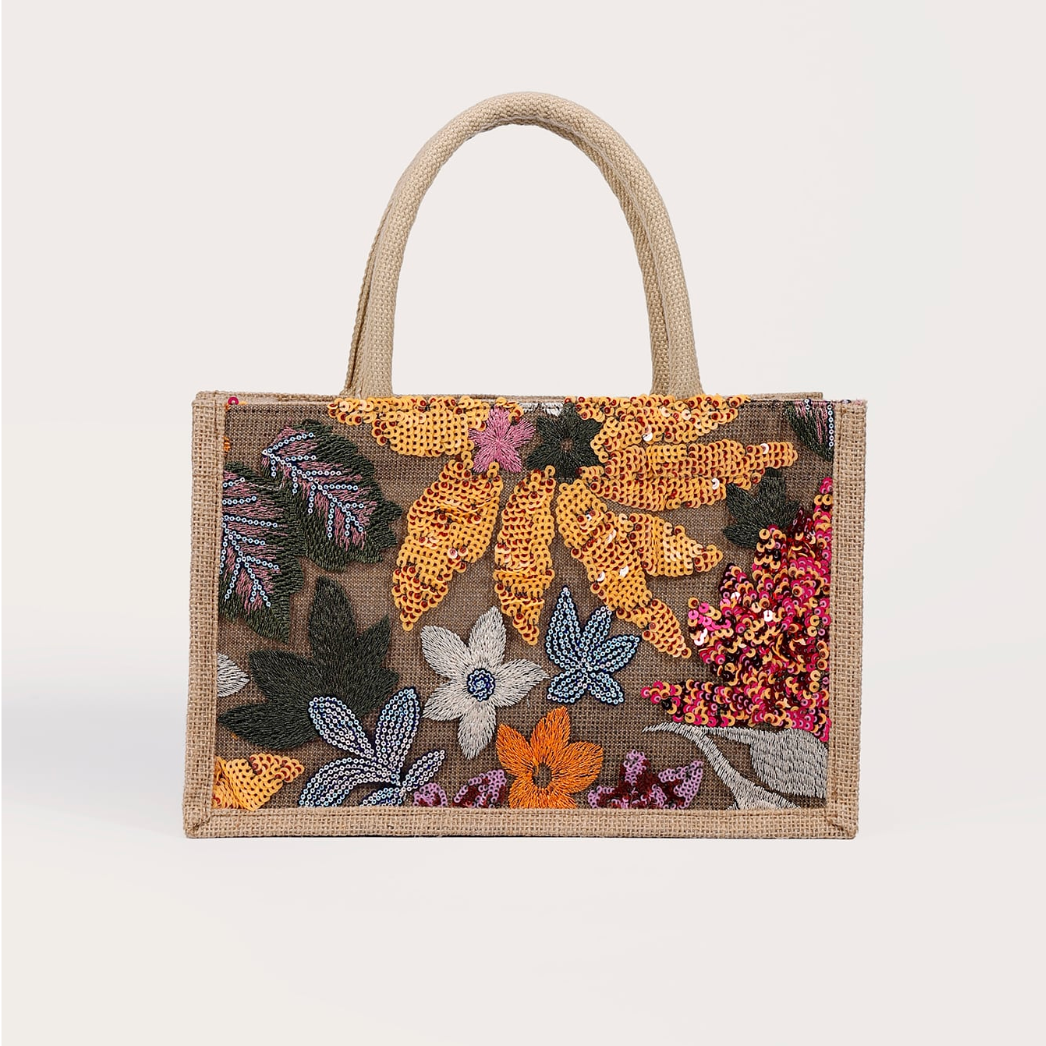 Bolsa de arpillera con bordado floral azul y lentejuelas - CA154-1