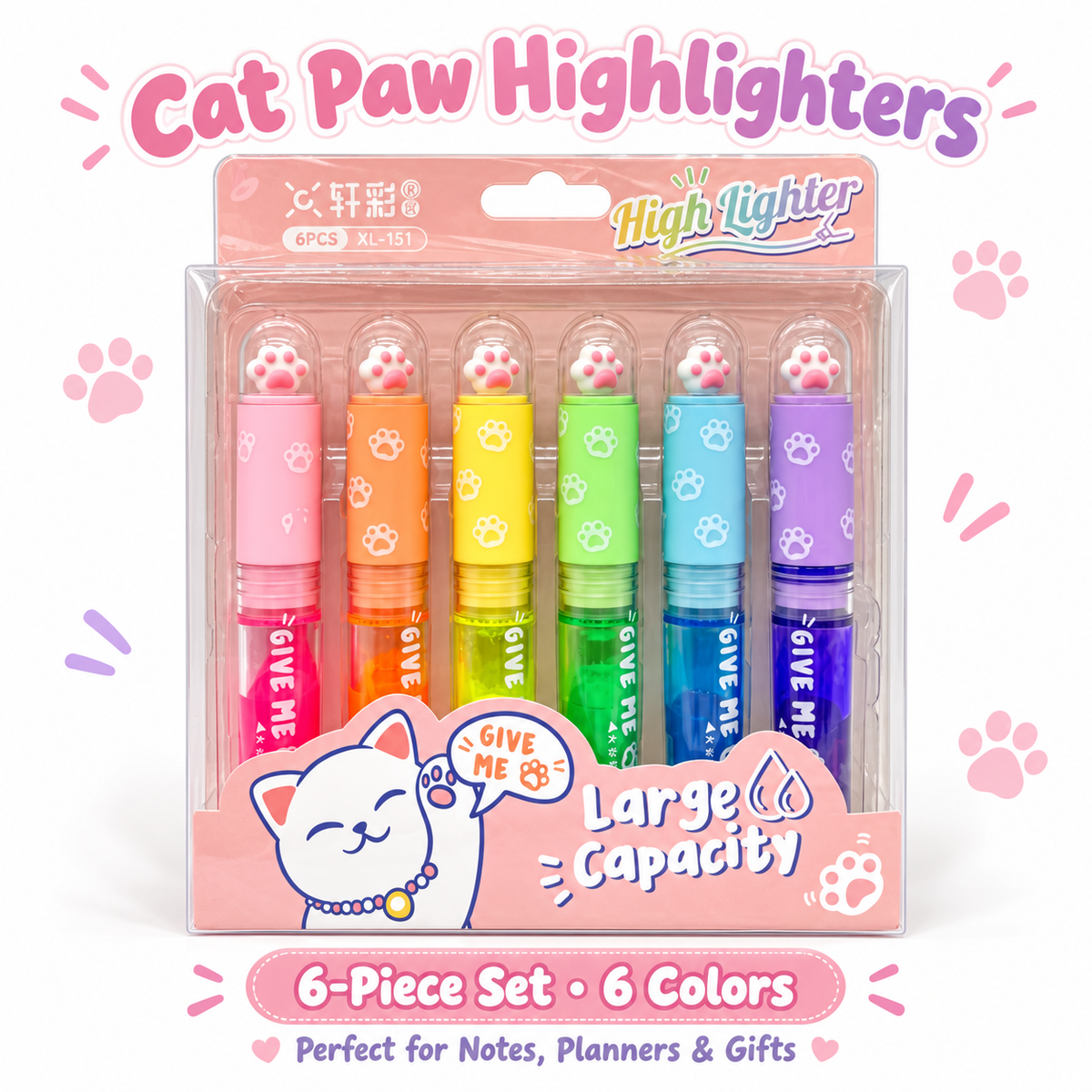 Neon Cat Paw Highlighters – 6-Piece Set XC-131