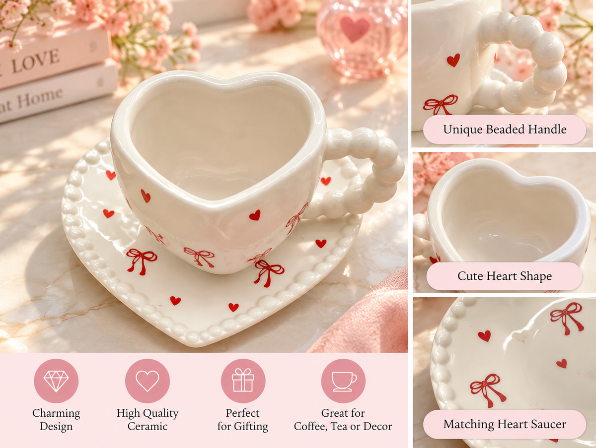 Heart-Shaped Ceramic Cup & Saucer Set – Red Hearts & Bows ❤️🎀 SKU: CA992