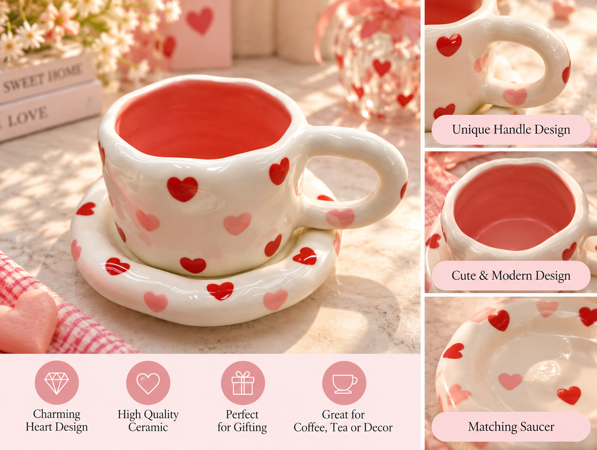 Heart Print Ceramic Cup & Saucer Set – Red & Pink Hearts ❤️☕ SKU: CA997