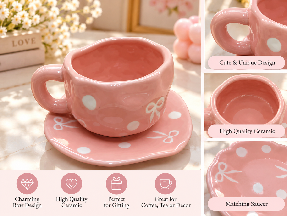 Pink Bow Ceramic Cup & Saucer Set SKU: CA994