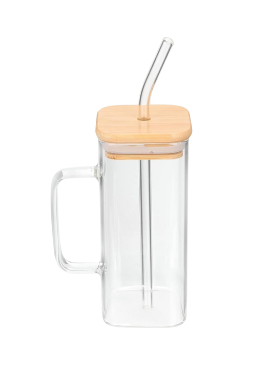 Taza de vidrio con tapa de bambú y pajita de vidrio: resistente al calor y al frío, ecológica - CA240