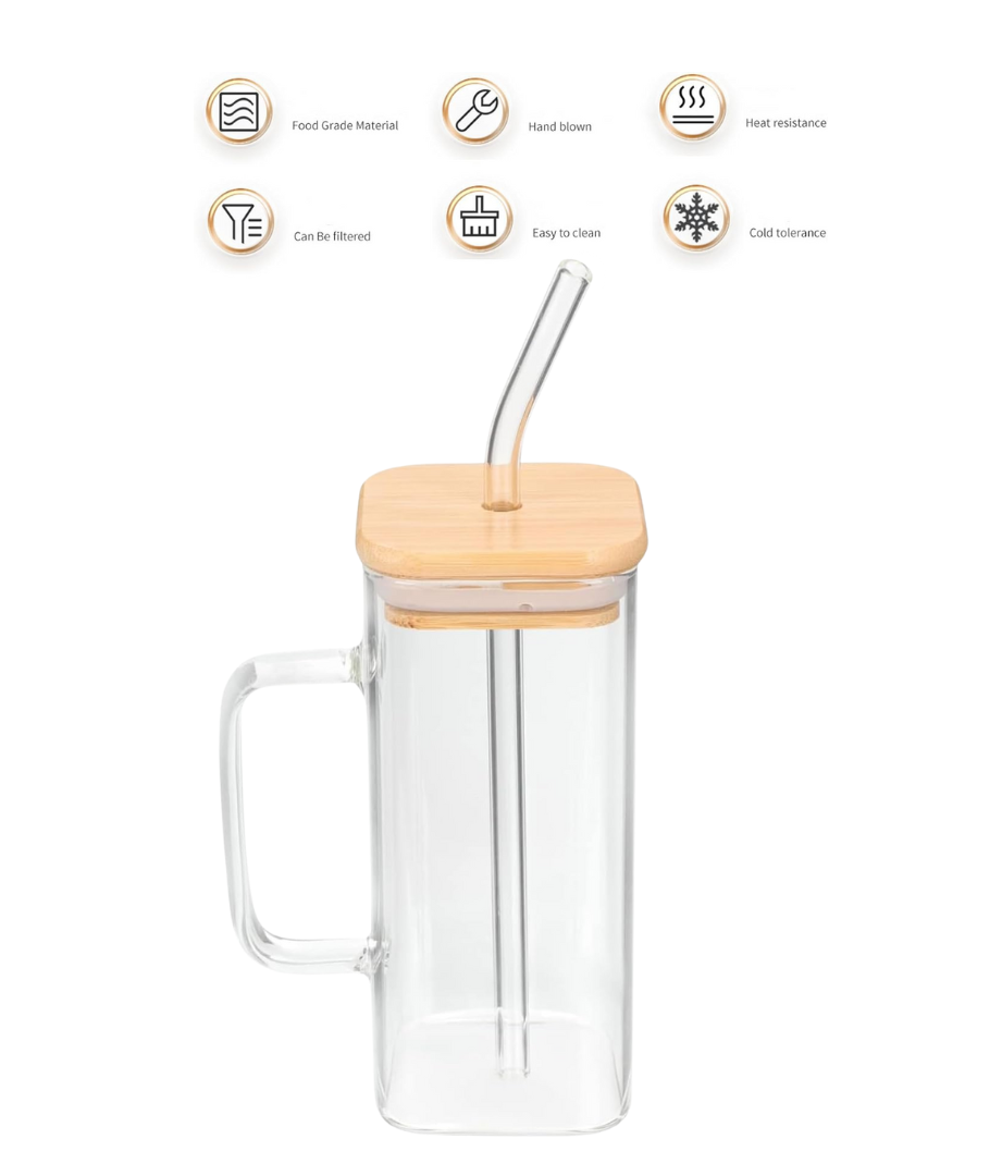 Taza de vidrio con tapa de bambú y pajita de vidrio: resistente al calor y al frío, ecológica - CA240