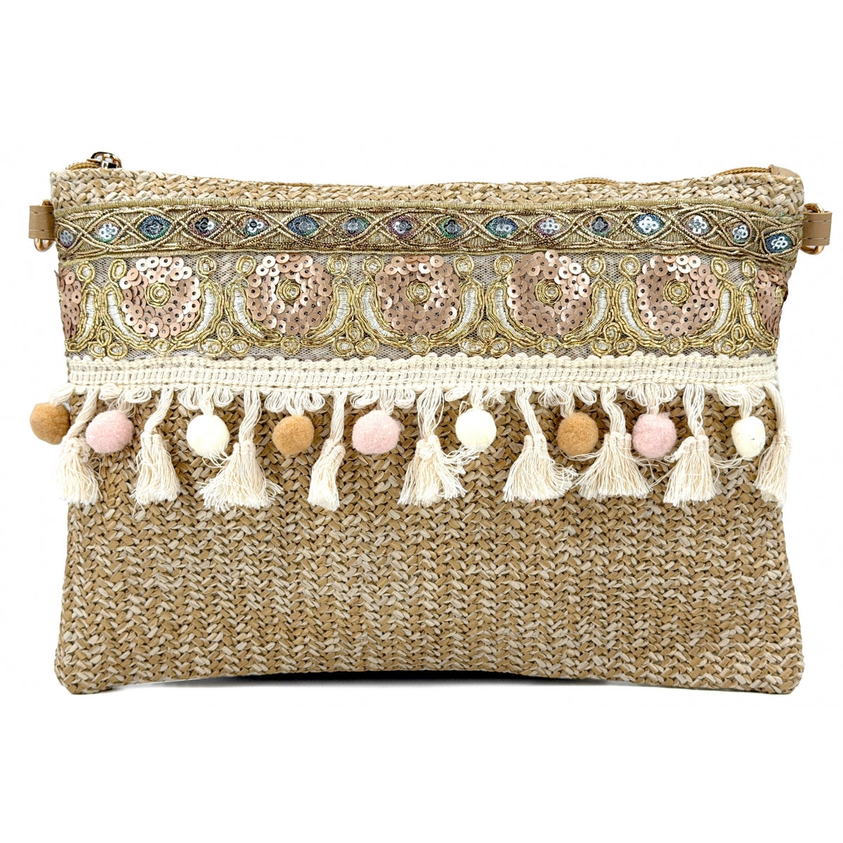 Clutch bohemio de paja con bordados y borlas - FIQ-183