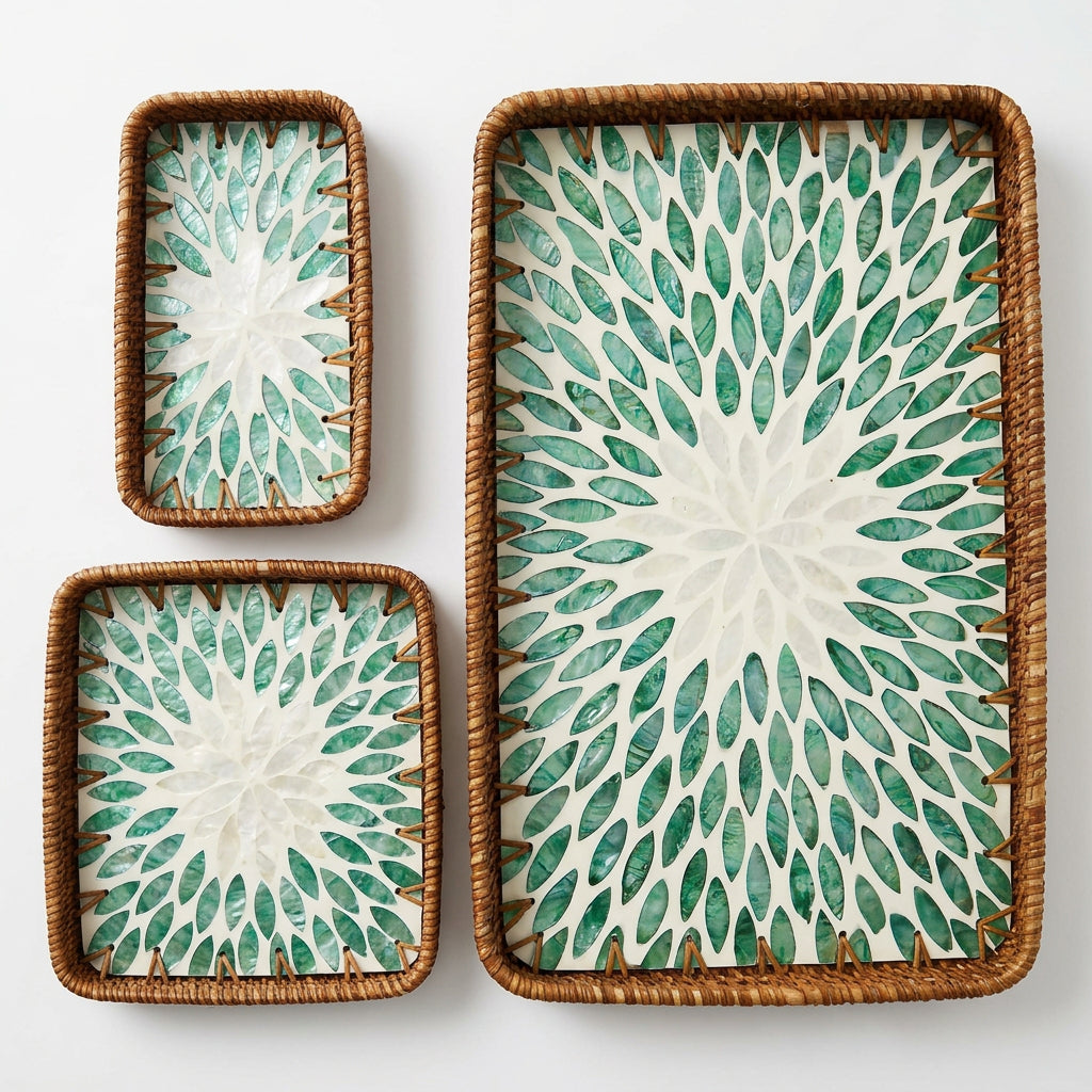 Luxe Shell Mosaic Rattan Tray Set – Rectangular (3 Pcs)