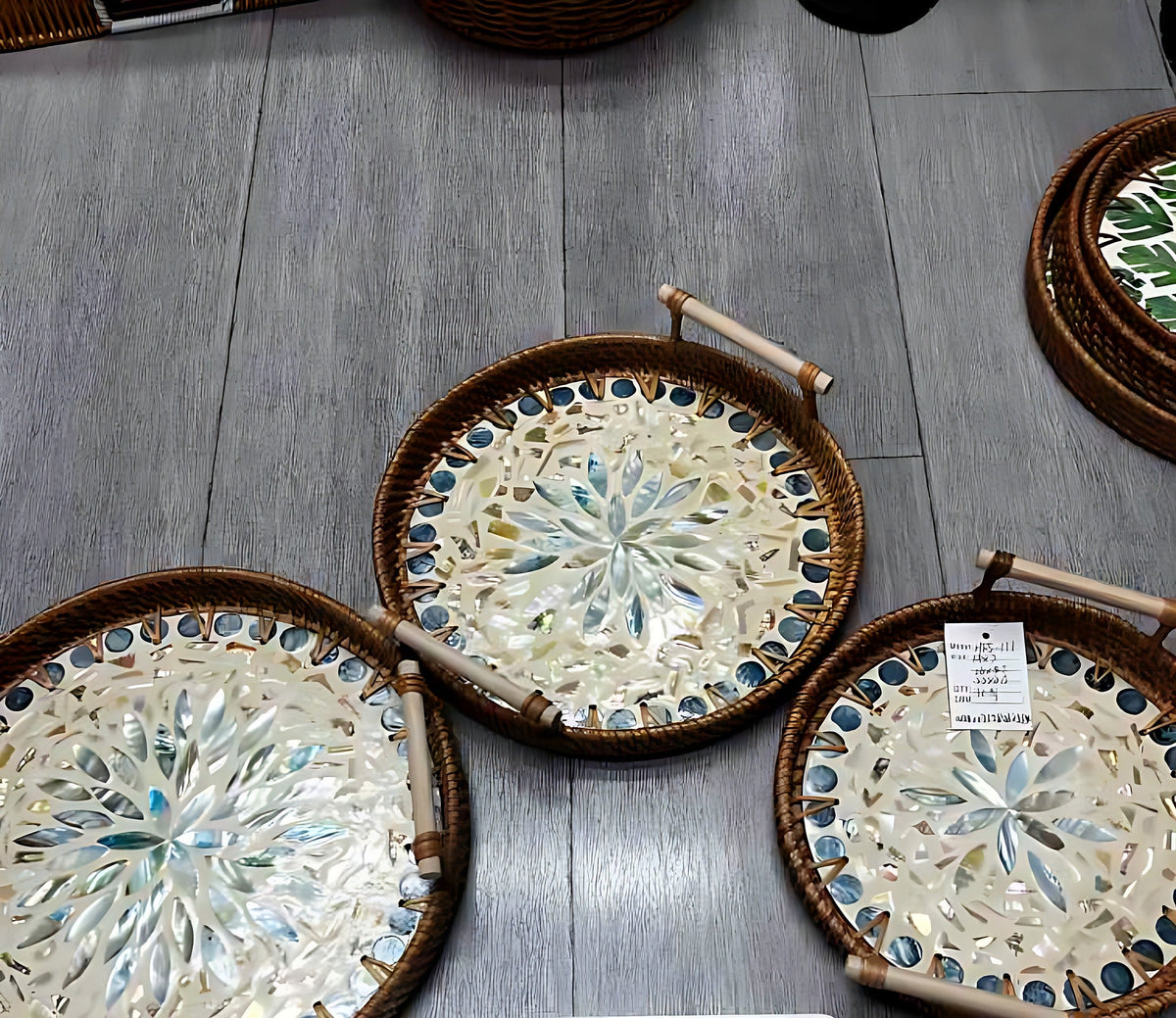 Pearl Shell Mosaic Rattan Round Tray Set (3 Pcs)
