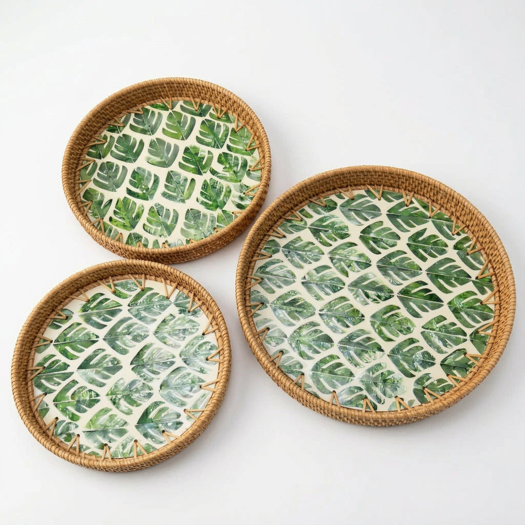 Emerald Leaf Mosaic Rattan Round Tray Set (3 Pcs)