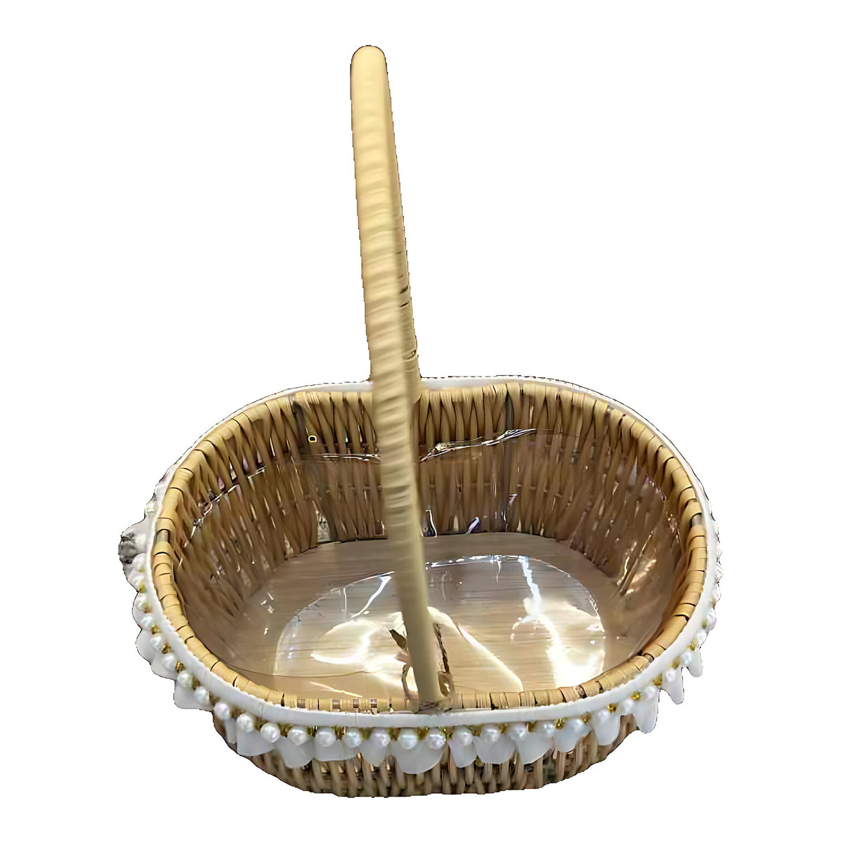 Boho Oval Rattan Flower Basket with Pom-Pom Trim SKU: CA558