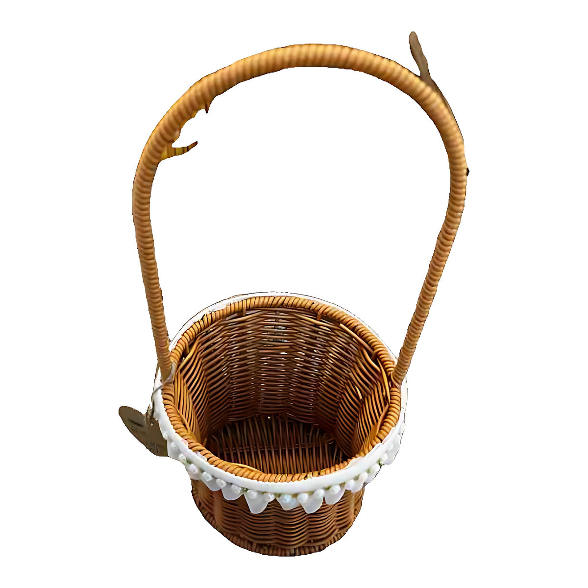 Flower Girl Rattan Basket with Tall Handle & Pom-Poms