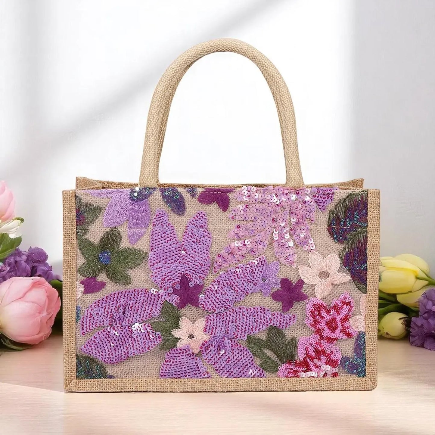 Bolsa de arpillera con bordado floral azul y lentejuelas - CA154-1