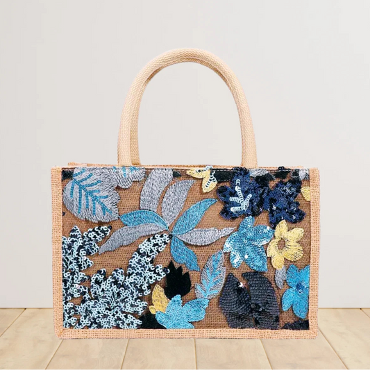 Bolsa de arpillera con bordado floral azul y lentejuelas - CA154-1
