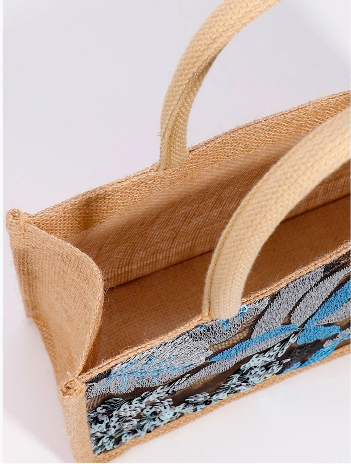 Bolsa de arpillera con bordado floral azul y lentejuelas - CA154-1